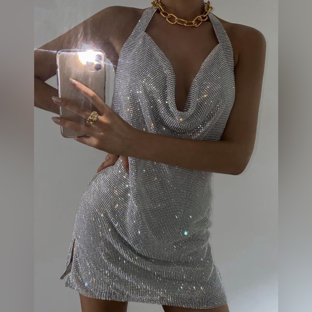 MESHKI Rhinestone Sequin Silver Mini dress size XXS